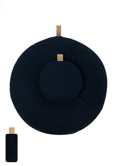 blå meditasjonspute rund sittepute zafu med bokhveteskall og zabuton i økologisk bomull. runde Meditasjonsputer i sett. yogabolstere
